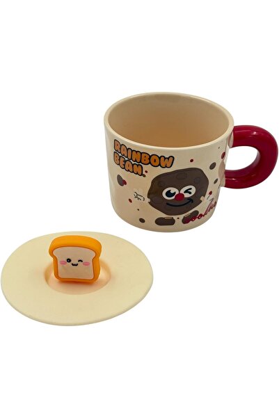 B&D Rainbow Bean Ceramic Coffee Mug with Toast Lid - Cream Body, Red Handle
