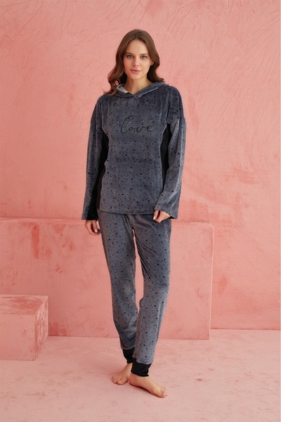 ELİTOL Velvet Love Star Patterned Hooded Piece Women's Home Set – Smoked