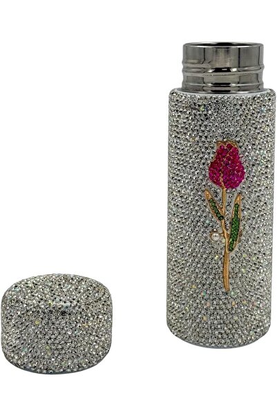 B&D Luxury Crystal Thermal Flask by banddtools — Shiny Silver with Red Rose Design, 150 ml