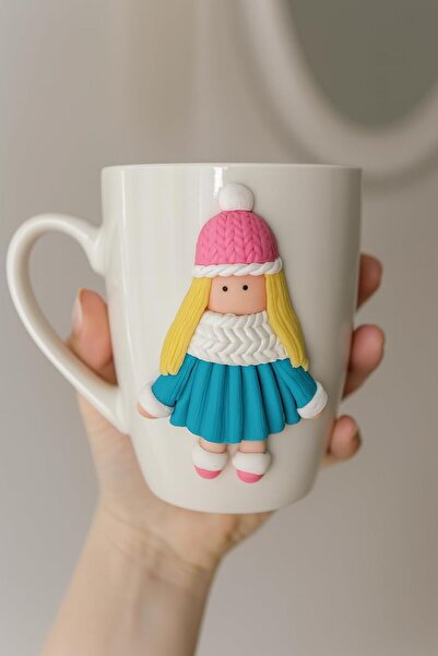 B&D Ceramic Decorative Mug with Winter Girl Polymer Clay Art, White