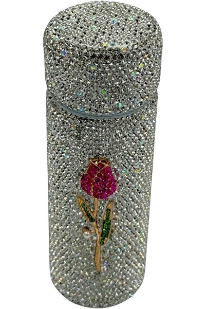 B&D Luxury Crystal Thermal Flask by banddtools — Shiny Silver with Red Rose Design, 150 ml