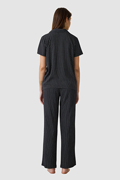 Penti Black Striped Shirt Collar Short Sleeve Pyjama Set