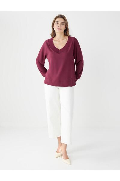 Jimmy Key Burgundy Long Sleeve V-Neck Knitted Modal Sweatshirt