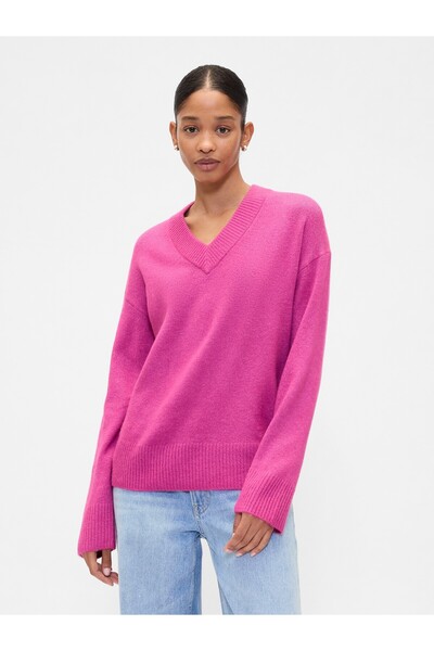 GAP Kadın Pembe Oversized V Yaka Kazak