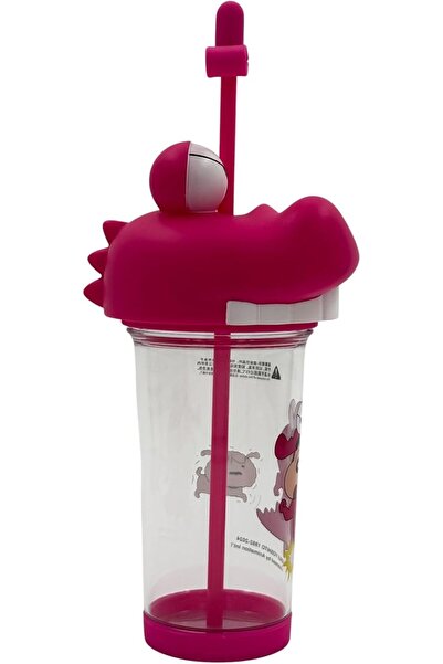 B&D Kids Cartoon Water Bottle with Straw, Pink, Transparent Plastic, 500 ml, Innovative Lid Design