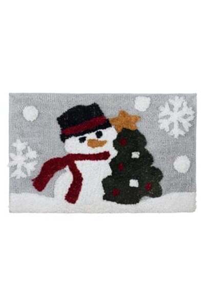 Silver Star Christmas Bath Mat, Gray with Snowman Pattern, Silver & Gold Lurex, 75 x 45 cm