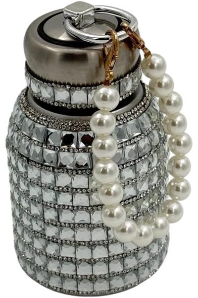 B&D Luxury Crystal Thermal Flask - 300ml Stainless Steel Insulated Bottle with Pearl Strap