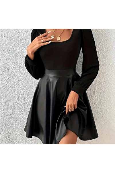 Genel Markalar Kadın Uzun Kollu Kare Yaka üst Viskon Alt Deri Mini Elbise