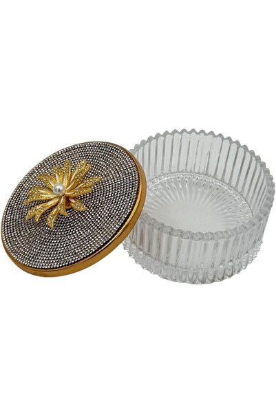B&D Decorative Crystal Glass Jewelry Jar - Gold Flower Lid, Rhinestone Embellished