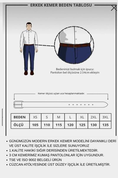 CüzCan Чорний ремінь з натуральної шкіри, 3 см, чоловічий (ТКАНИНА)