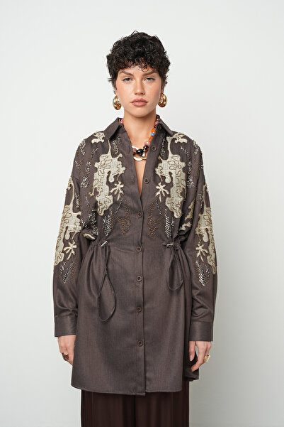 Orfeo Negro Brown Jacket with Embroidery and Beading, Suitable for Women's Long Hijab