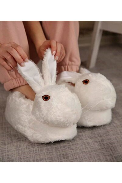 İpek Women's Plush Fluffy White Rabbit Slippers