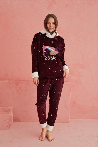 ELİTOL Velvet Rainbow Women's Pajama Set – Burgundy