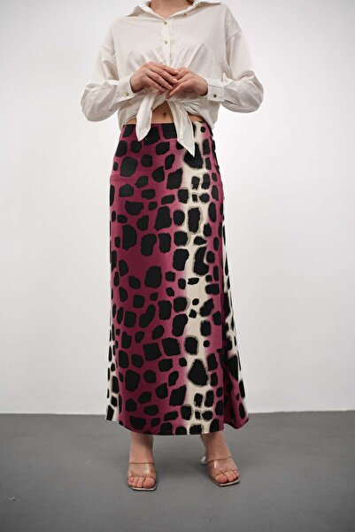 Gugus Women's Satin Skirt A-Cut Patterned Imported Fabric