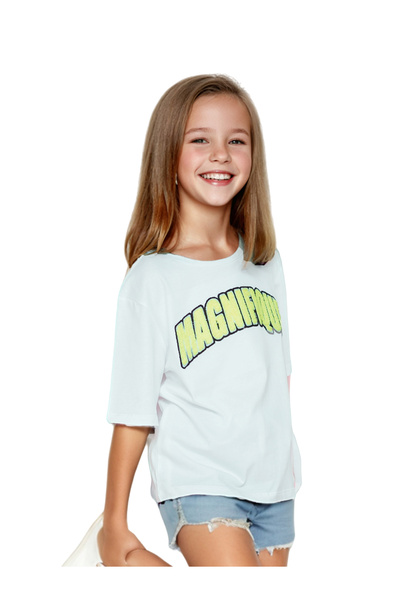 WiNi BEE Girls Stitch 3D Embroidery T-Shirt, White Short Sleeve Tee for Teenagers, Casual Summer Top