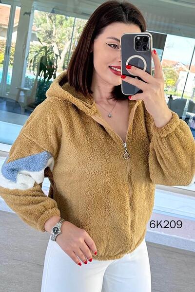 İnce Topuk Paneled Plush Cardigan with Sleeves 6K209