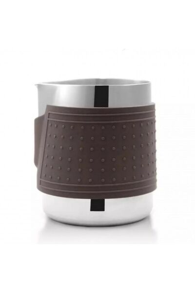 cc bin shihon 350ml milk pitcher for preparing coffee and lattes; coffee milk frother; stainless steel with brown rubber coating.