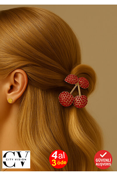 cityvision Stone Detailed Cherry Design Metal Hair Clip Red Color 4 cm – Sparkling and Elegant Accessory