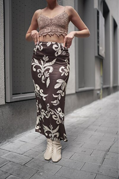 Gugus Women's Satin Skirt A-Cut Patterned Imported Fabric