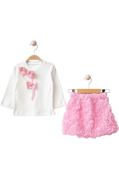 bebeğim butik Girl's Embossed Rose Detailed Balloon Skirt Suit