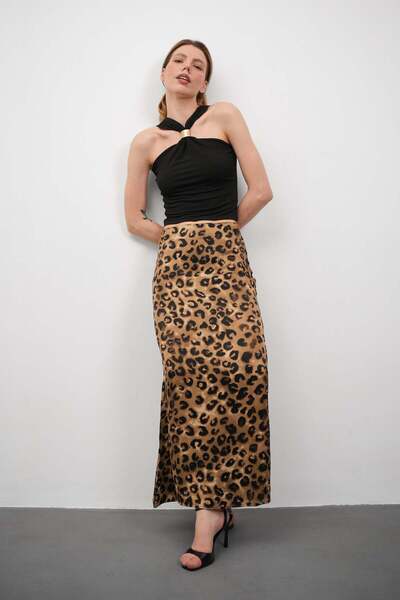 Gugus Women's Satin Skirt A-Cut Patterned Imported Fabric