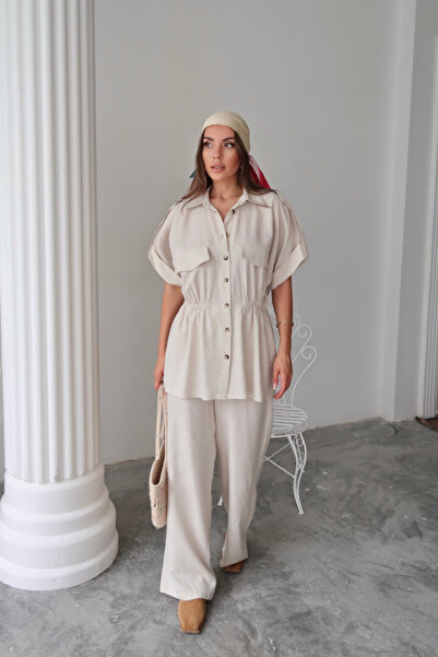 Wear Up Linen Waist Tie-Up Detail Shirt - Pants Suit - Stone
