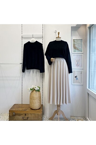 Faya Boutique Beli Lastikli Krem Crep Kloş Etek