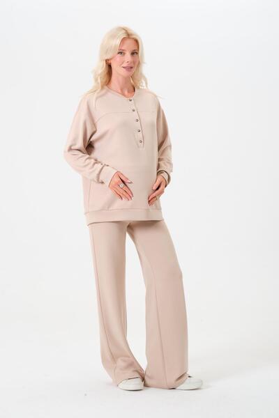 BUSA Maternity Stretchy Waistband Wide Leg Buttoned Collar Modal Tracksuit Set Beige