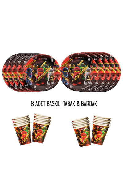 HAPPYLOOPPARTY Ninja Go Yapı Oyuncak Tema Uyumlu Baskılı 8 Kişilik Tabak , Ba...