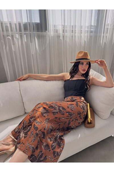 Gugus Women's Satin Skirt A-Cut Patterned Imported Fabric