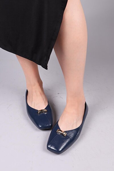 Birikon Chin Gold Buckle Ballerinas Dark Blue