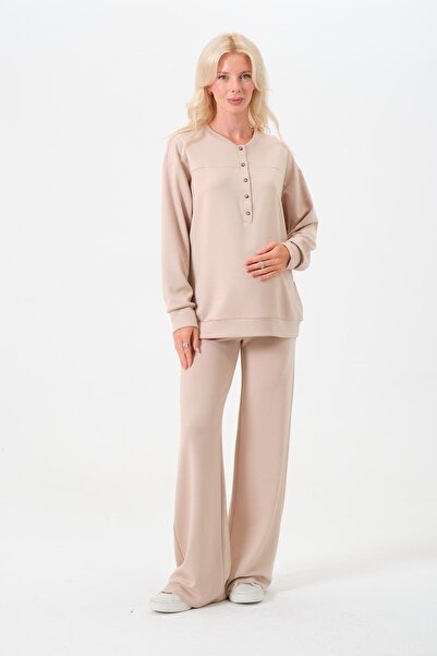 BUSA Maternity Stretchy Waistband Wide Leg Buttoned Collar Modal Tracksuit Set Beige