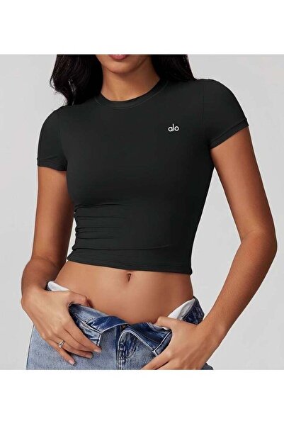 Alo Lady Sports Short Sleeve - Pilates Training - Women's Yoga Quick Dry T-Shirt (Black)