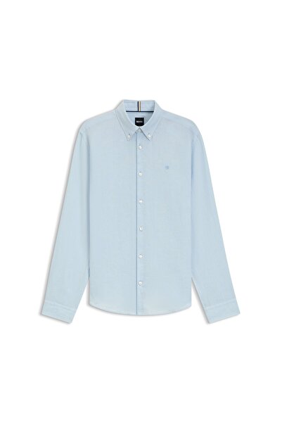 BOSS Erkek Uzun Kol İnce Ferah Düz Kumaş Düğme Kapama Gömlek Yaka Mavi Gömlek 50545218-450