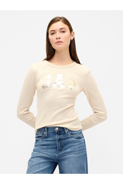 GAP Kadın Krem Logo Waffle-Knit T-Shirt