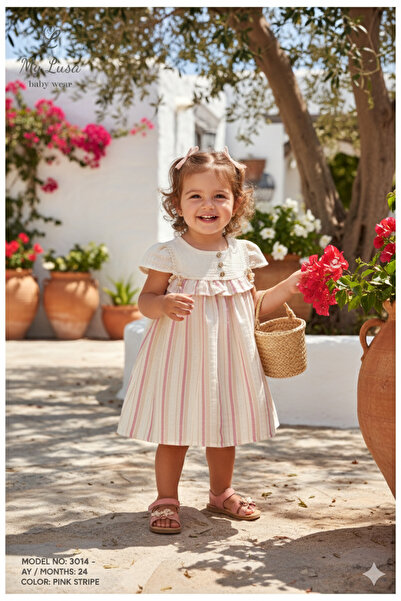 My Lusa baby wear Safiye Baby Girl Striped Ruffle Retro Dress - Short Sleeve 100% Cotton - 9/12/18/24 Months