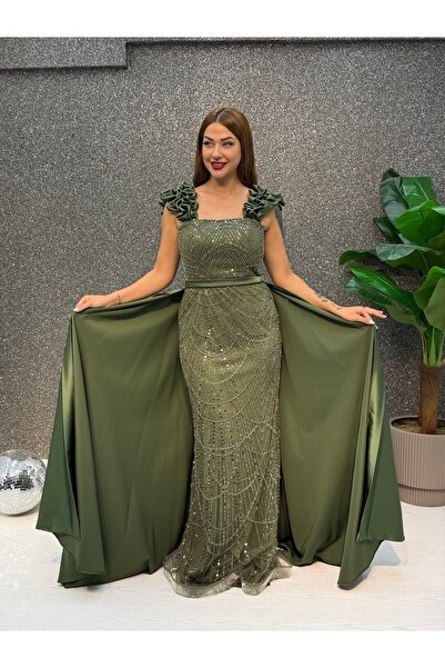 E&A Eren Abiye OLİVE KALIN ASKILI INCI ISLEMELI PELERINLI BALIK ABIYE