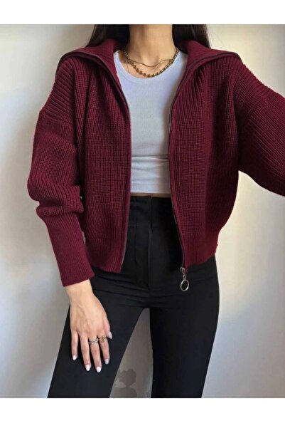 Nopen Knitwear Women's Burgundy Turn-Down Collar Zippered Knitwear Cardigan