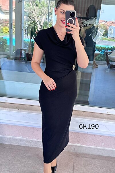 İnce Topuk Degaje Collar Buckled Ribbed Knit Dress 6K190