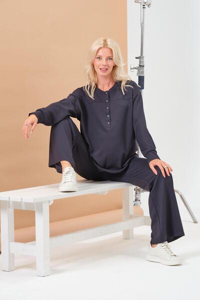 BUSA Maternity Stretchy Waistband Wide Leg Buttoned Collar Modal Tracksuit Set Smoked