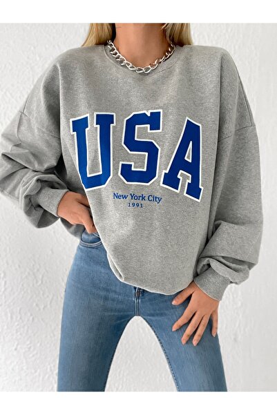 Miyalon Femei supradimensionat SUA cu imprimeu guler rotund Swea tricou