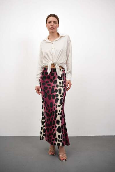 Gugus Women's Satin Skirt A-Cut Patterned Imported Fabric