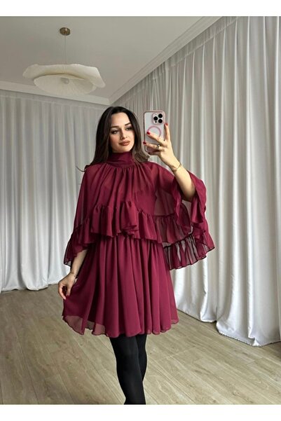 MOVELLA FASHİON Mini Chiffon Dress with Shawl Detail and Strap Design