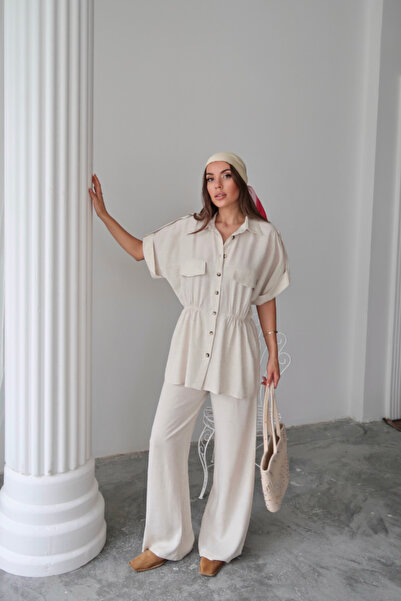 Wear Up Linen Waist Tie-Up Detail Shirt - Pants Suit - Stone