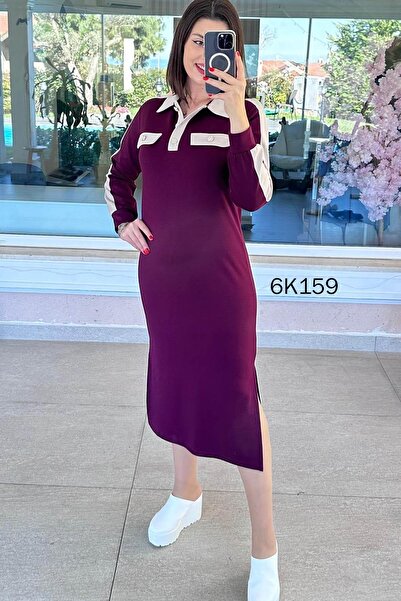 İnce Topuk Polo Yaka Slit Modal Dress 6K159