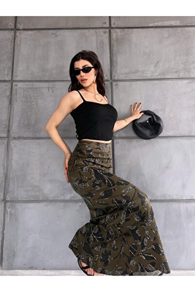 Gugus Women's Satin Skirt A-Cut Patterned Imported Fabric