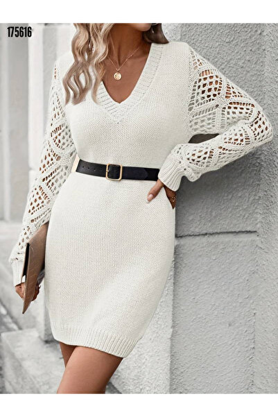 moda wanilia Women's V-Neck Long Sleeve Mini Knit Dress