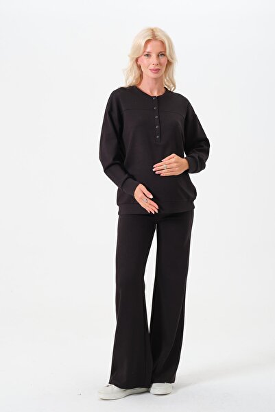 BUSA Maternity Stretchy Waistband Wide Leg Buttoned Collar Modal Tracksuit Set Black