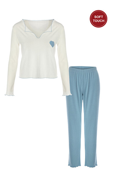 koza iç giyim Women's Soft Touch Corded Fabric Long Sleeve Pajamas Set