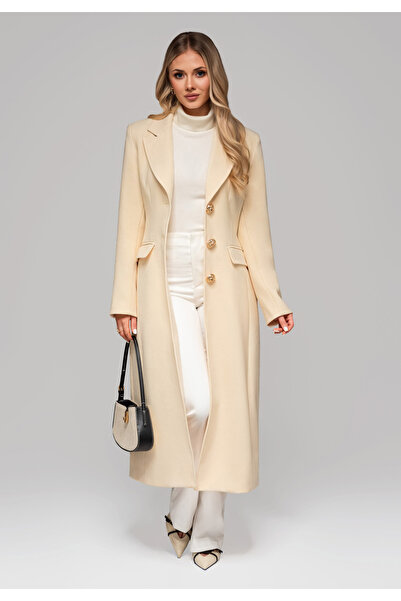 OMBRE Κομψό Γυναικείο Παλτό με Ραφές και Χρυσά Κουμπιά OW-COLC-0103 - Λευκό